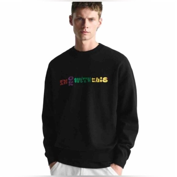 NWT ZARA “I’M OK WITH THIS” Text Print Black Crew Neck‎ Knit Pullover Sweater M - Picture 1 of 11